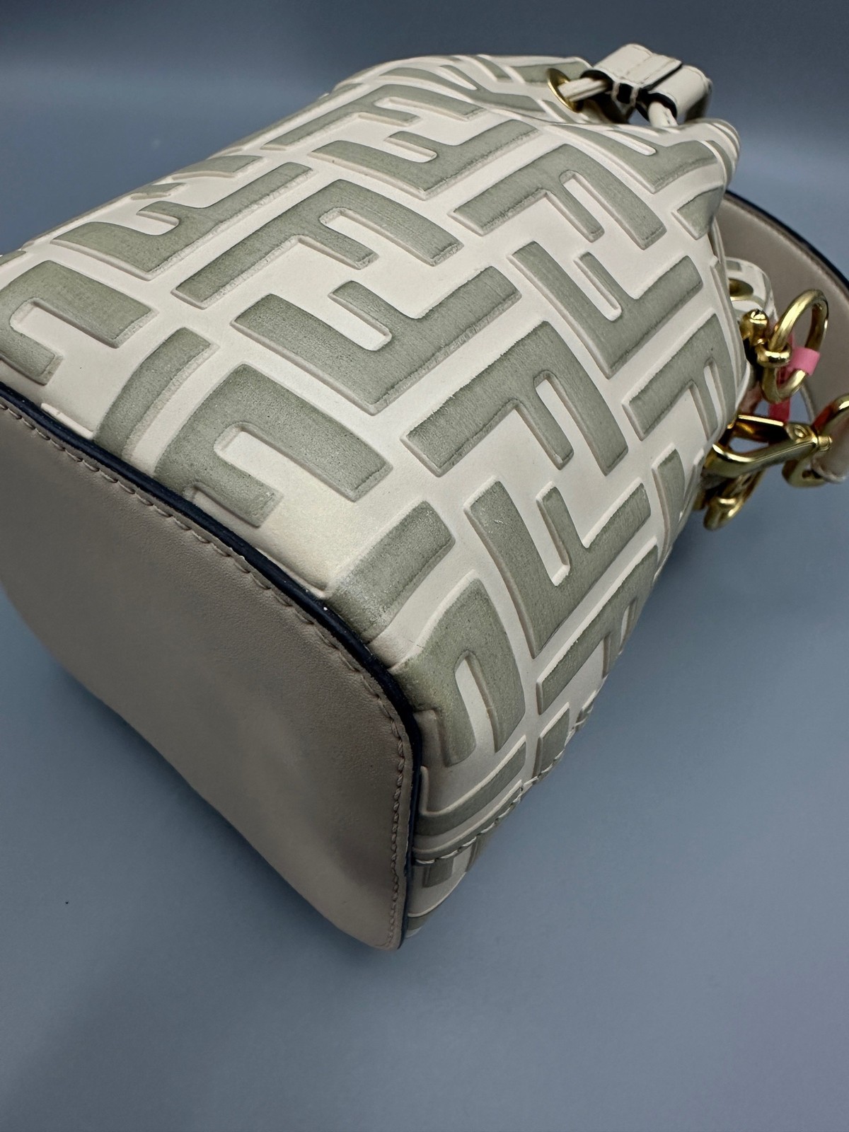 FENDI Mon Tresor Bucket Crossbody Bag FF Mini Off-white Embossed Leather Gold HW