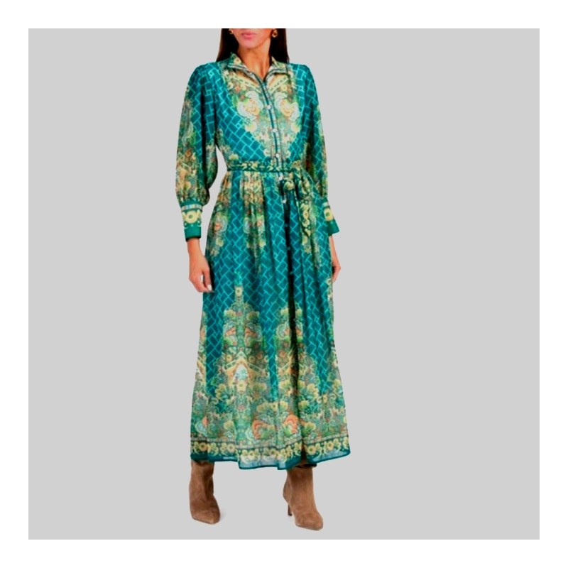 Dalia MacPhee Paisley Deco Maxi Dress Mock Neck Puff Sleeve Floral Size S