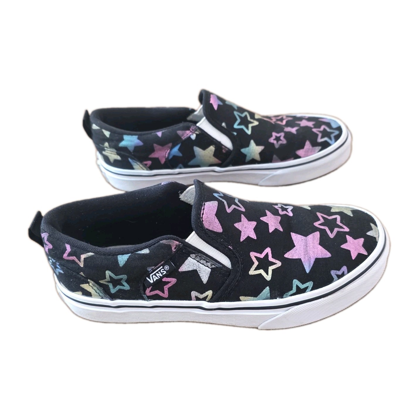 Vans Asher Metallic Foil Stars Black Canvas Slip On Skate Shoes Unisex Kids 2.5