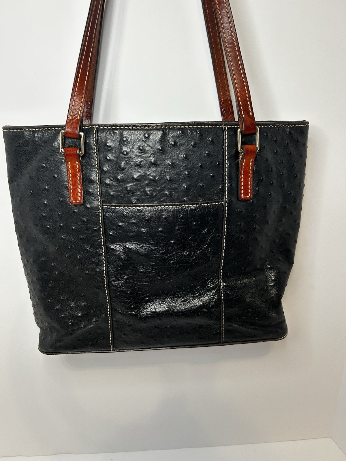 Dooney & Bourke Black Ostrich Tote, Zip, Red Lined, Brown Straps, Gold HW
