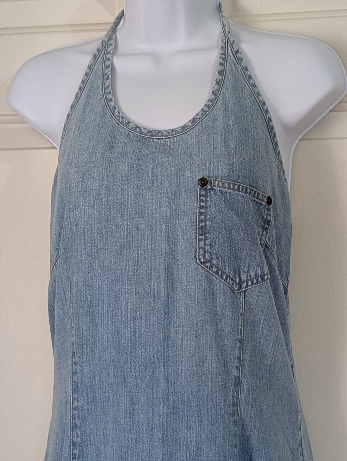 Liz Claiborne Light-Wash Denim Halter Maxi Dress 4 Slit Boho Coastal Cowgirl Y2K
