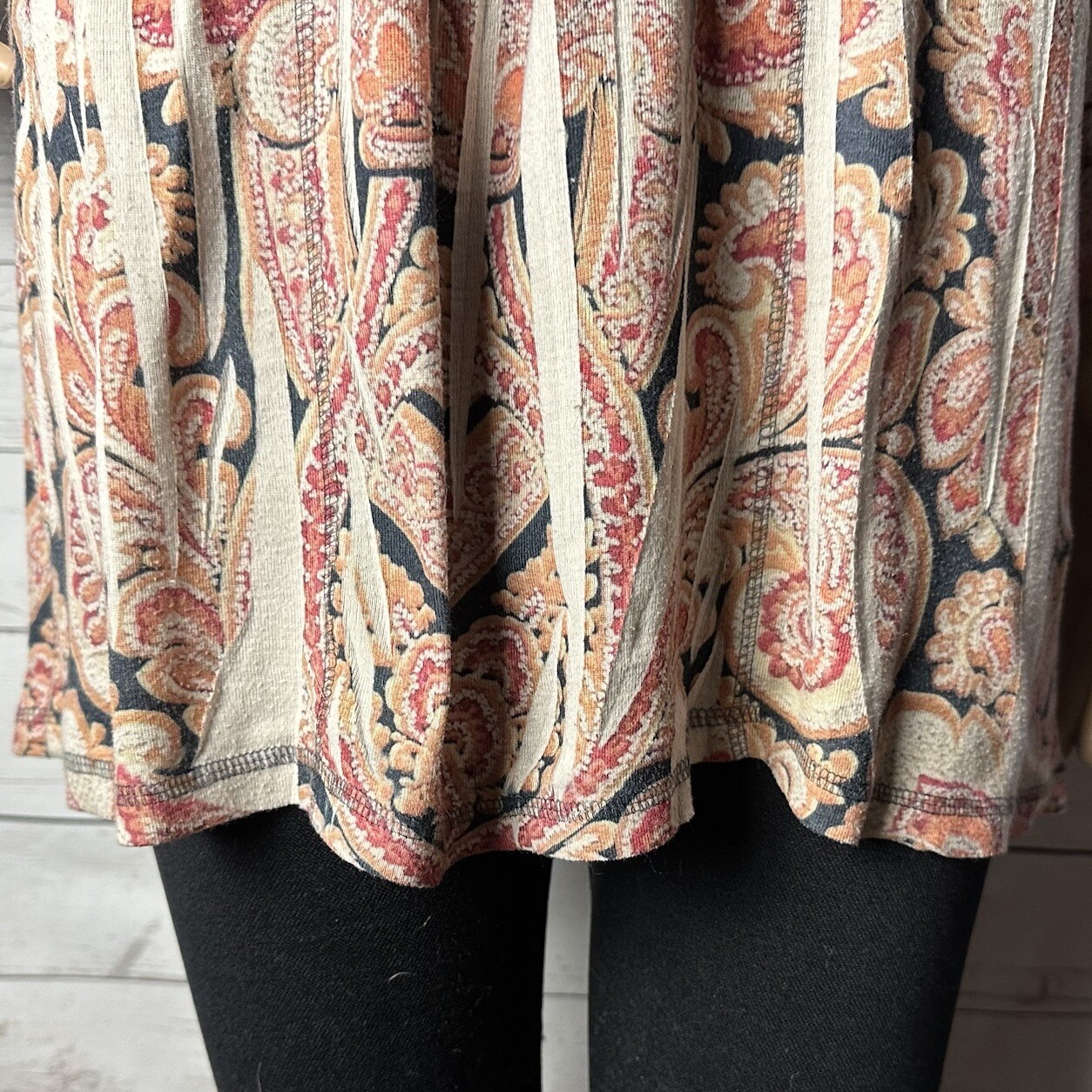 Vintage 90s One World Tunic Large Pink Tan Black Orange Paisley Rhinestone Shirt