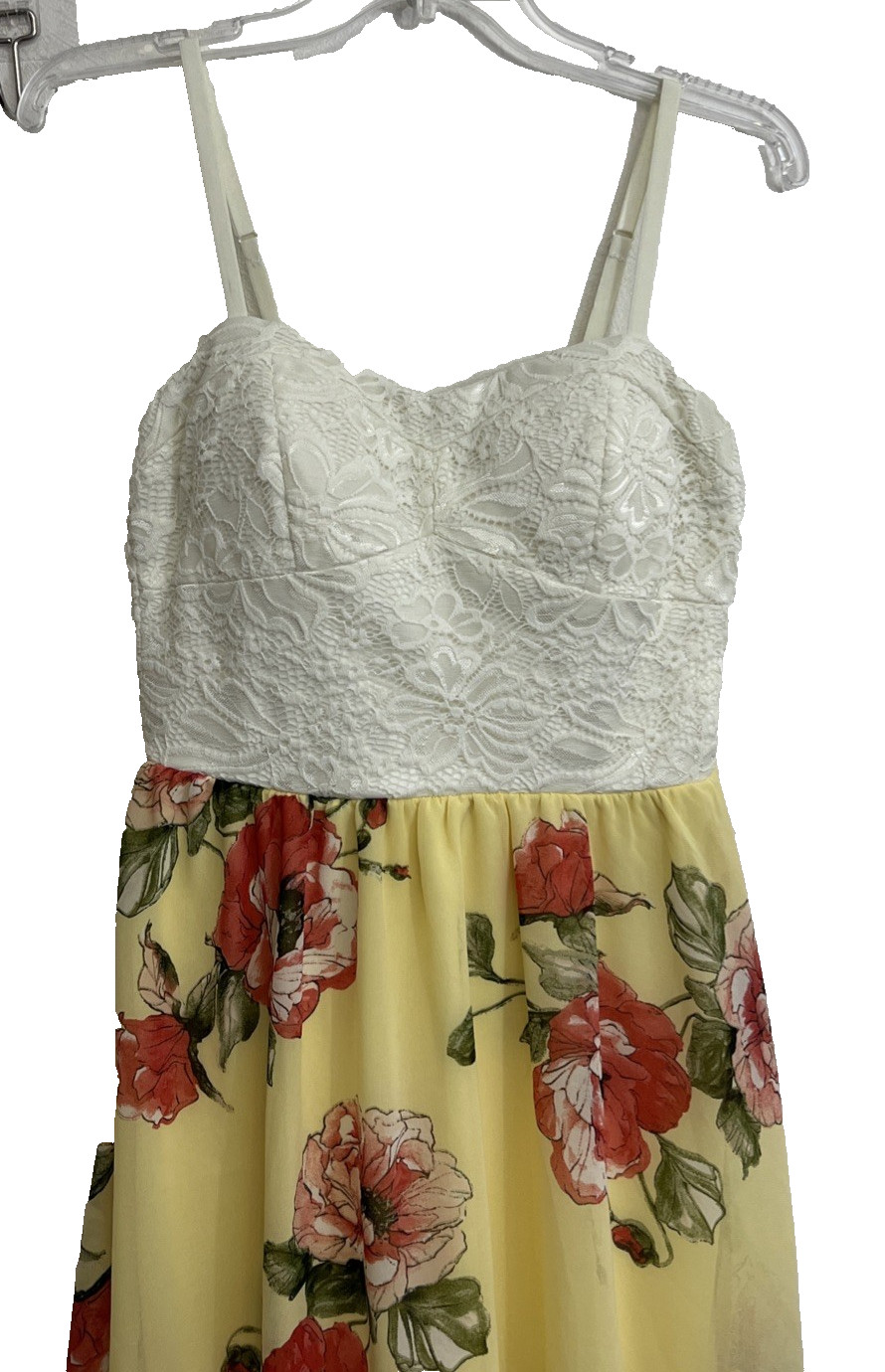A.U.W. Sundress Size L Yellow Pink Floral Adjustable Strap Built In Bra Hi-Low