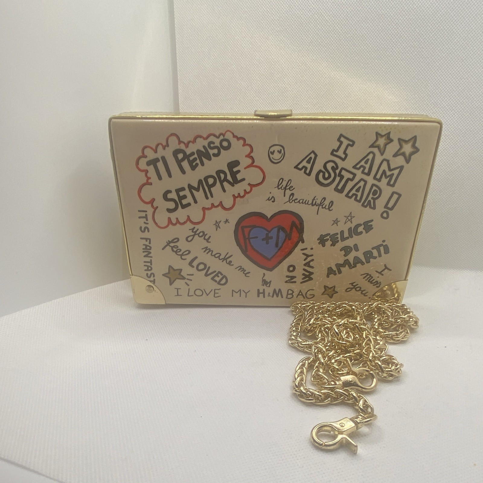 Gold Polished Metal Box Crossbody Bag w/ Detachable Chain Strap, Studs, Latch
