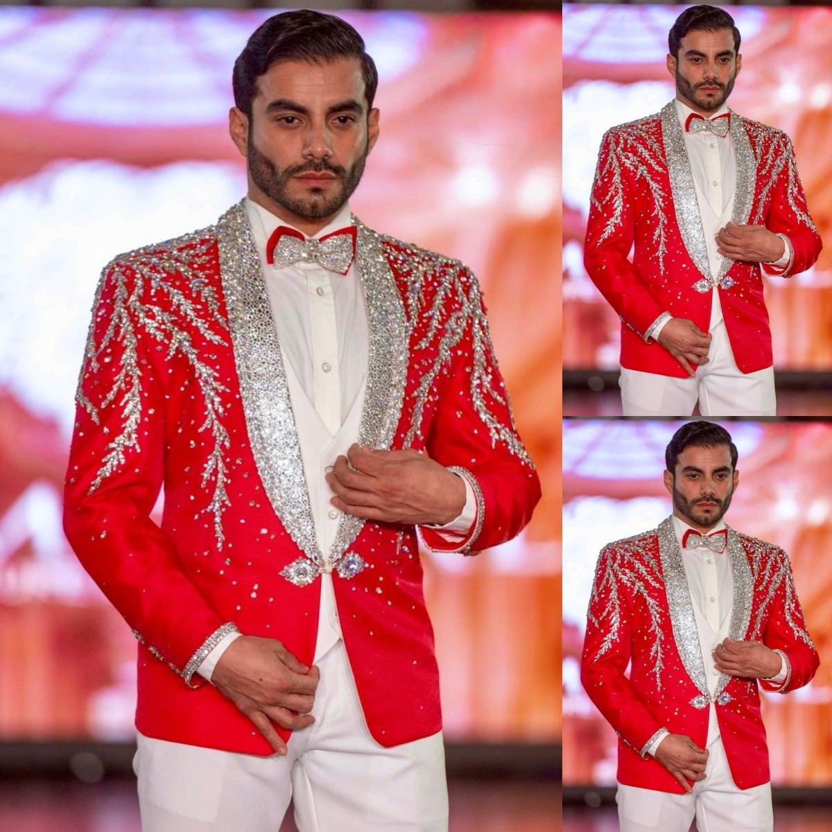 Red Luxury Beaded Seqined Men’s Jacket Sparkly Prom Dinner Party Jacket Blazer