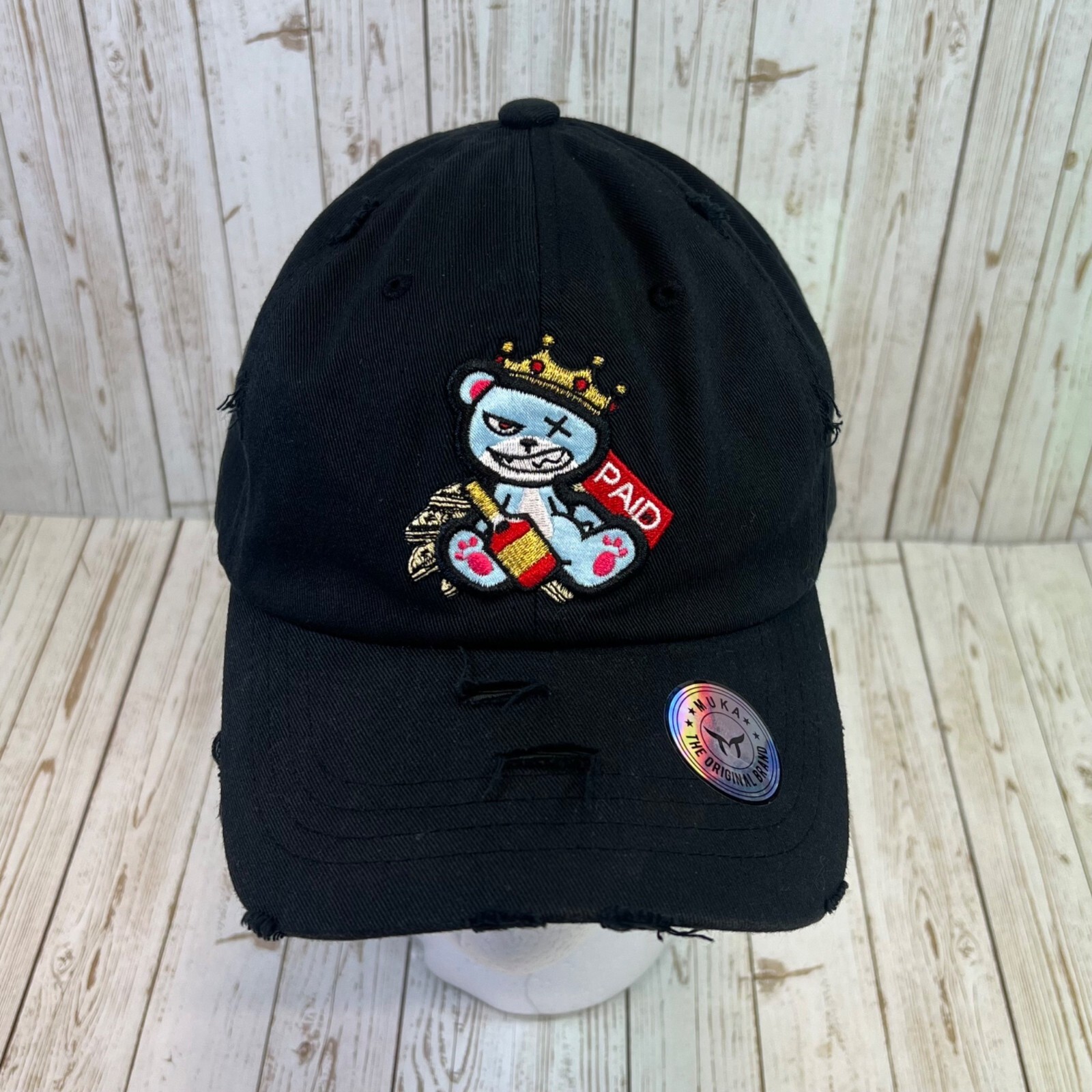 MUKA Paid Bear Dad Hat Cap Black Distressed Baseball Embroidered MU:KA: