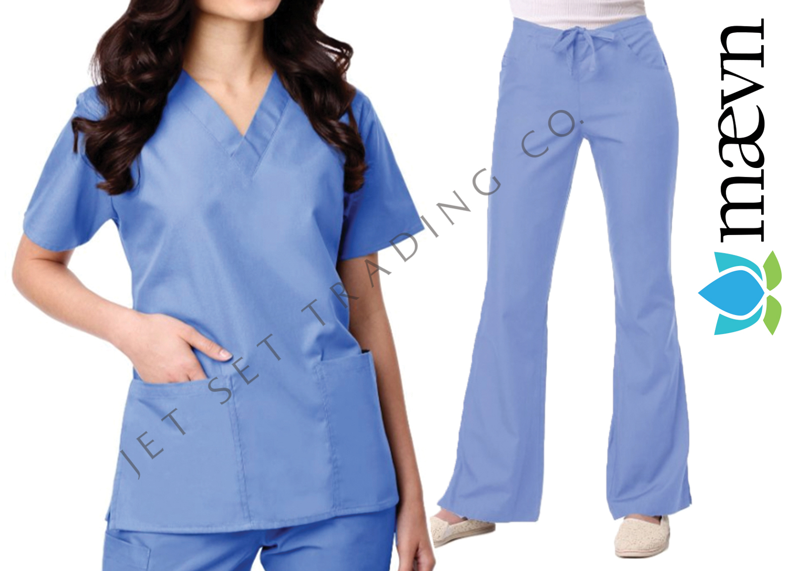 Maevn Women’s Ceil Blue Scrub Set 2 Pocket Top Flare Leg Pants Sizes 2XS to 2XL