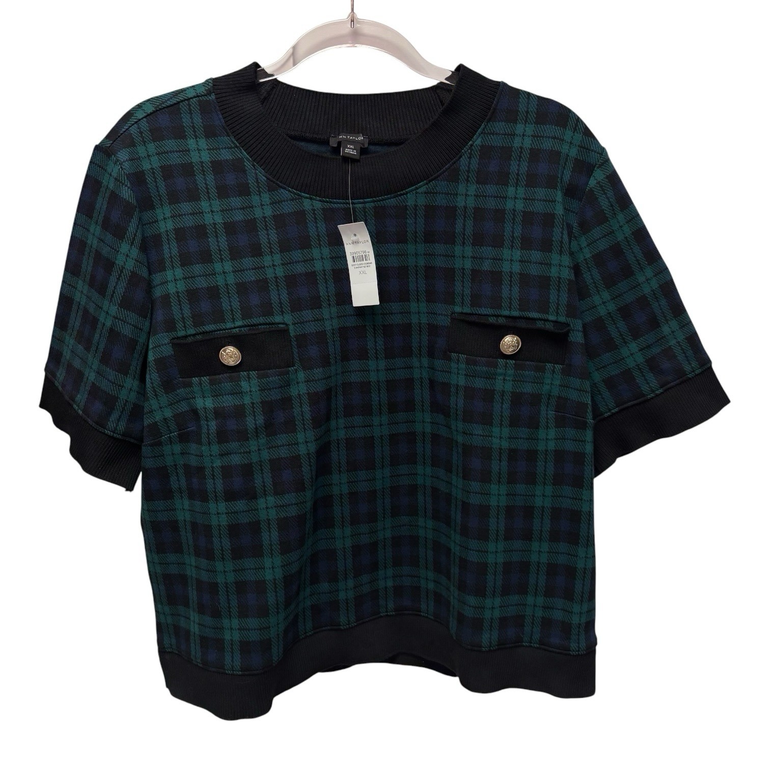 NWT XXL Ann Taylor Plaid Sweater Trim Top Green Black Navy