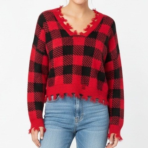 Red Black Buffalo Plaid Sweater Distressed Fringe Size M Cabincore Alt Fashion
