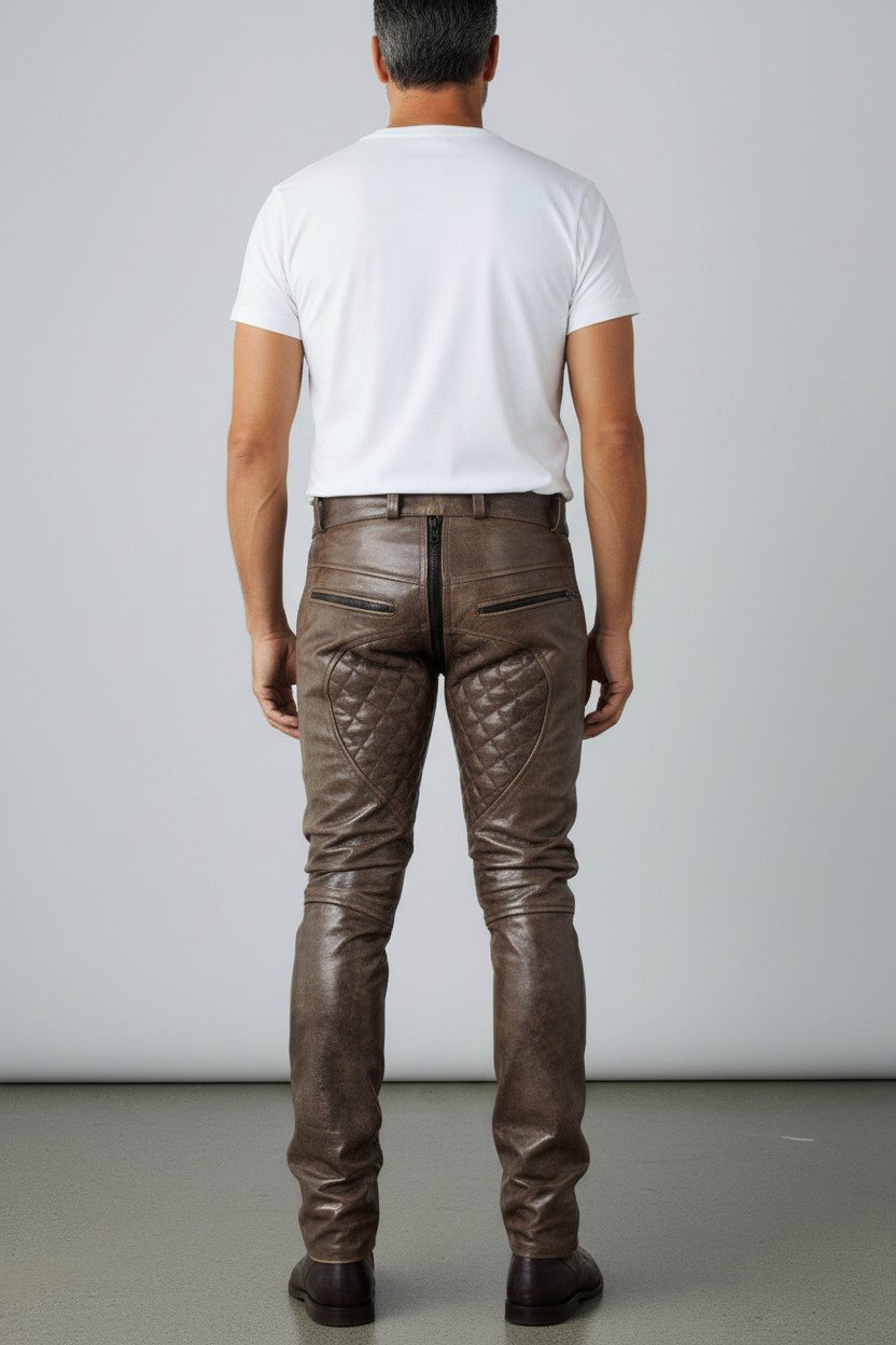 Men’s Real Distressed Leather Bikers Pants Quilted Panels Bikers / BLUF Pants