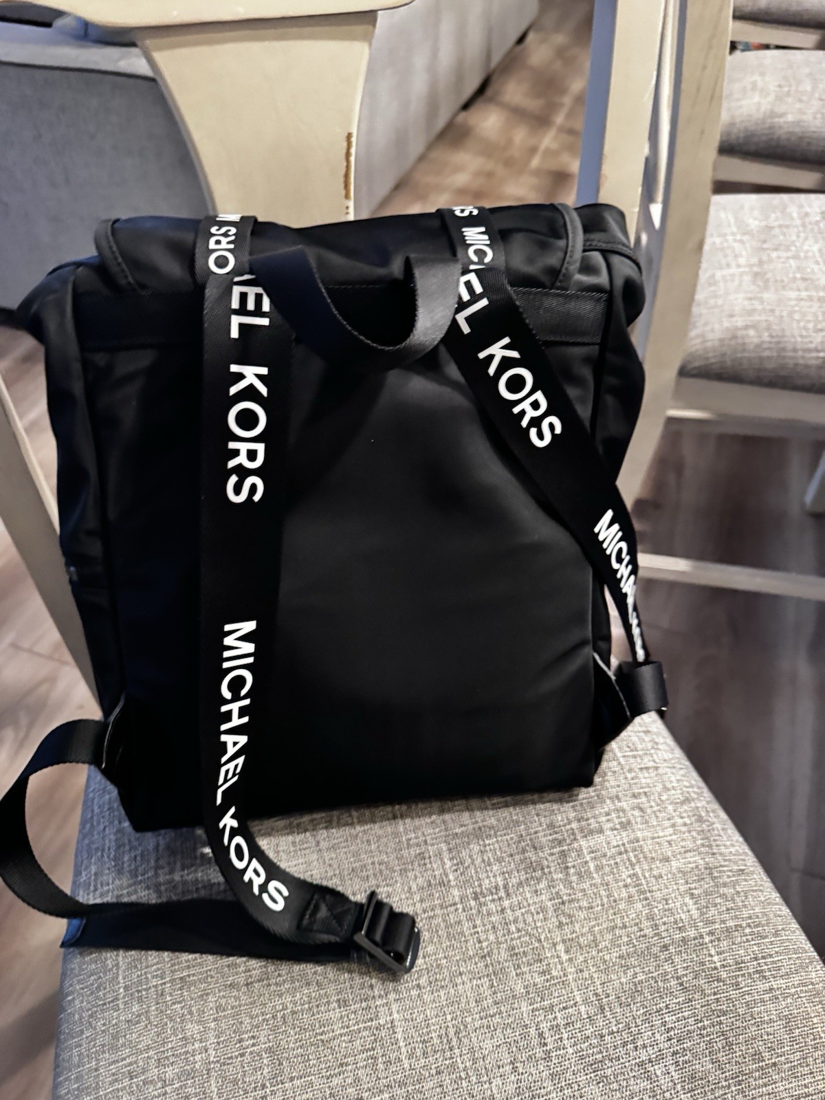Michael Kors Large Flap Backpack Black Logo, Adjustable Straps, Outer Pockets