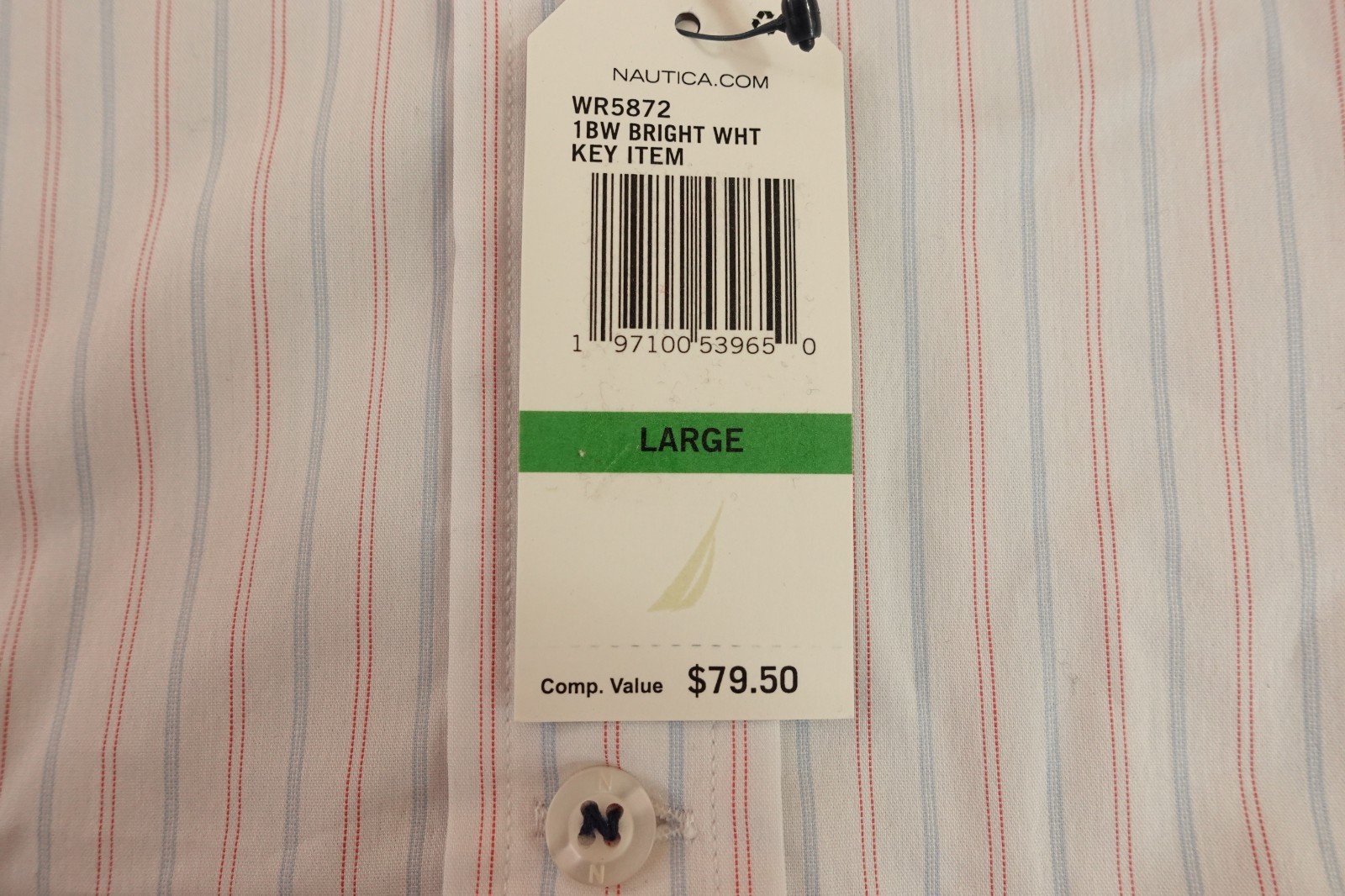 Nautica Mens Large Bright White Striped Slim Fit Long Sleeve Button-Up Shirt NWT