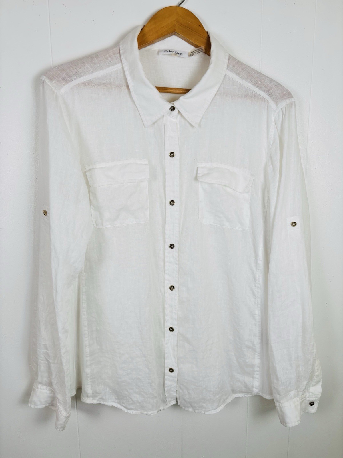 Calvin Klein Women XL White Linen Button Down Blouse Shirt Roll Tab Sleeve