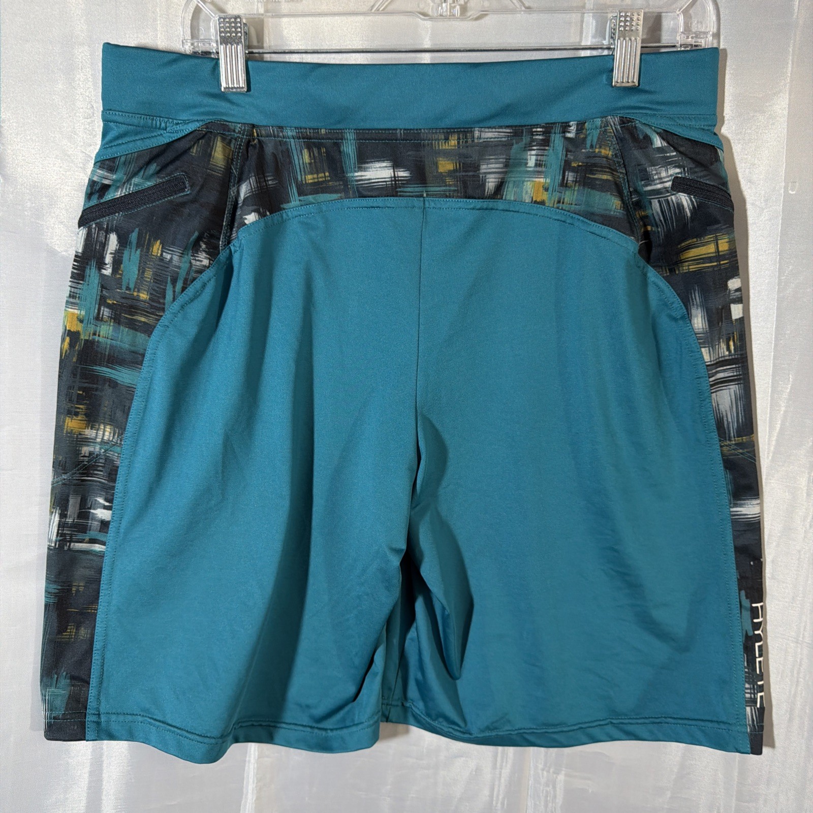 Hylete Above Knee Shorts Men’s L Teal Performance Stretch 9″ Inseam Drawstring