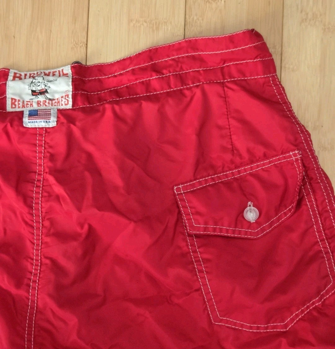 VTG Birdwell Beach Britches Boardshorts Mens 33 Red Lace Up Swim Made In USA