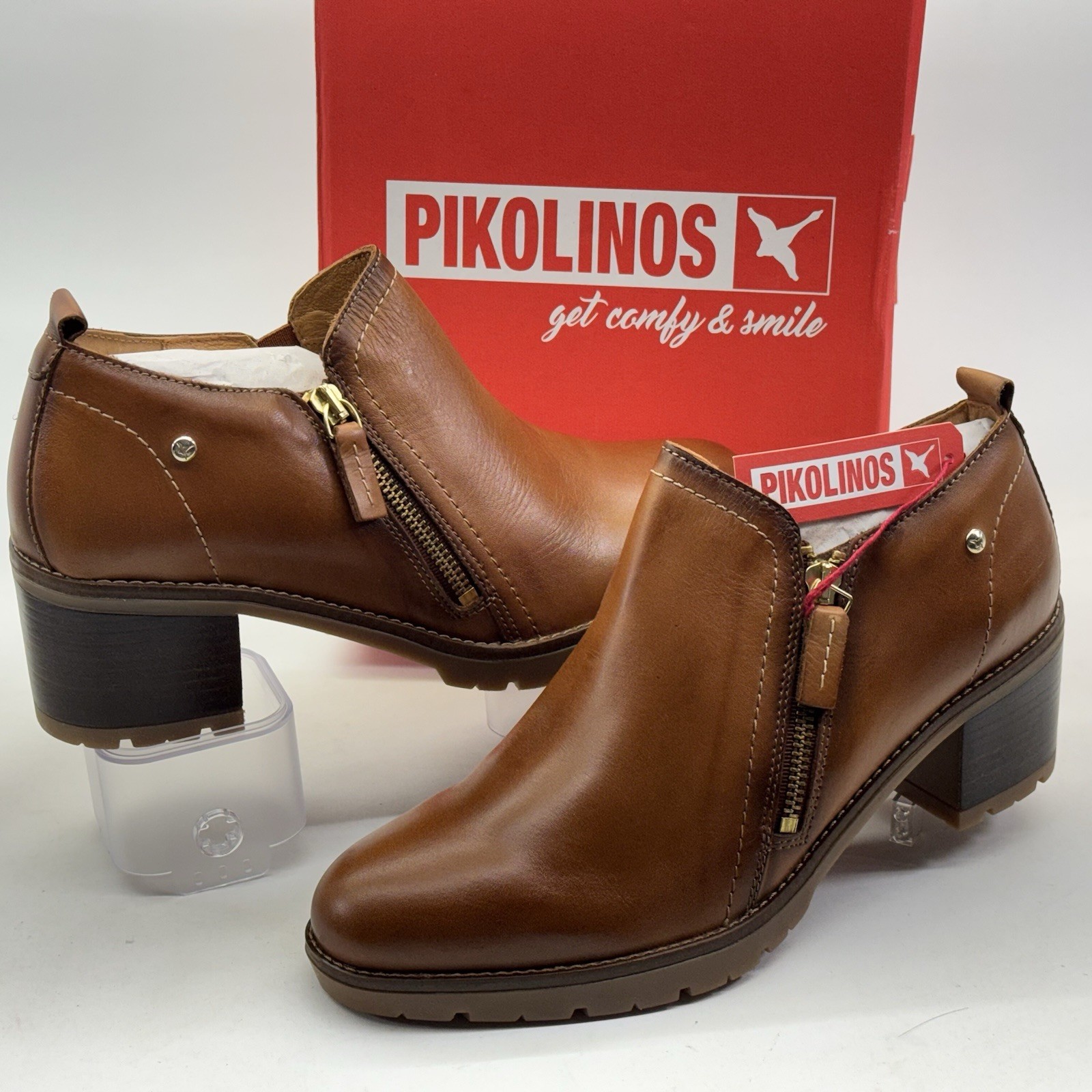 PIKOLINOS LLANES Women’s Leather Booties Mid Heel | Brandy | EU 40 US 9 – 9.5