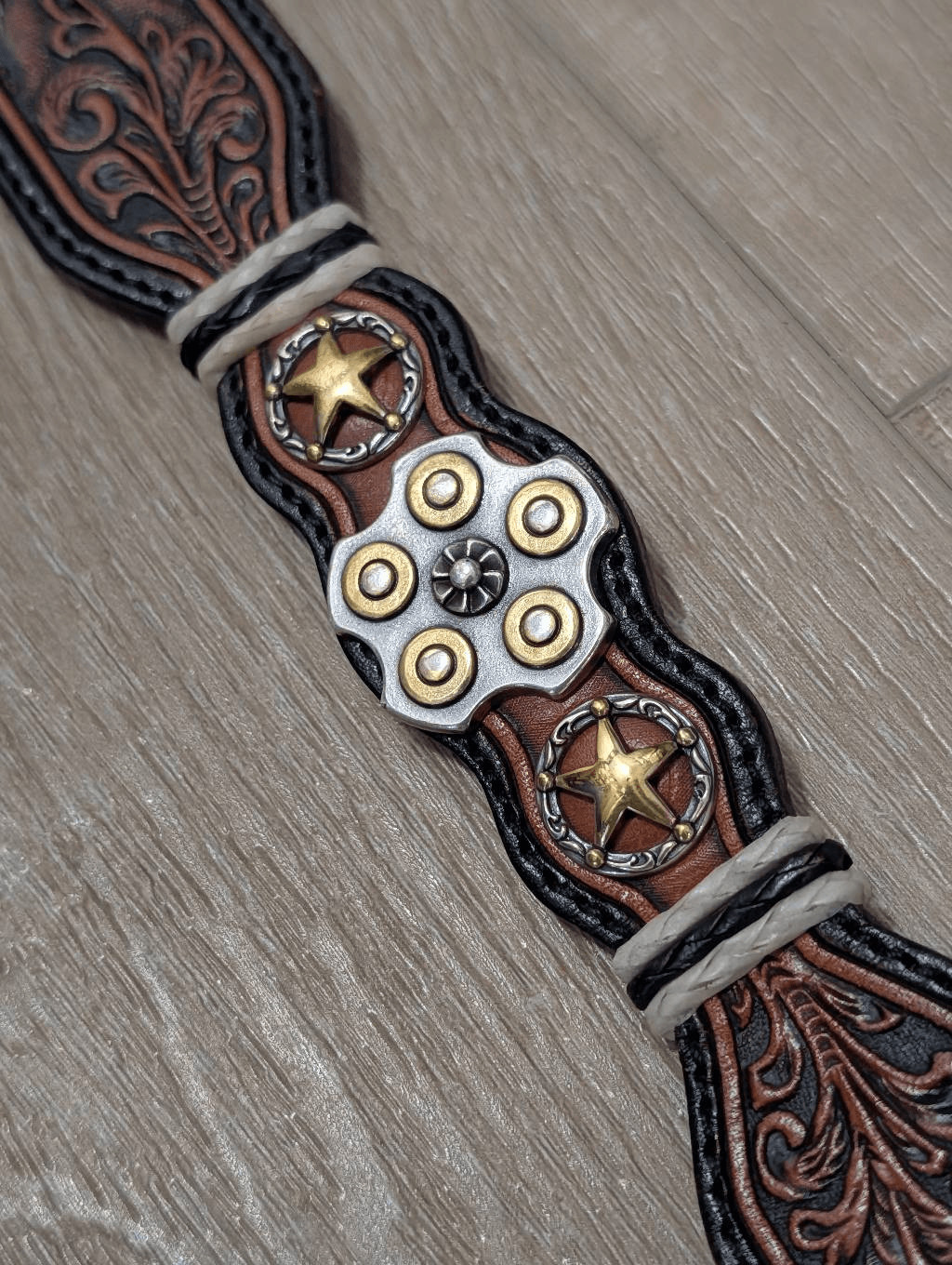 Silver Creek Tooled Leather Belt Western Sheriff Star Revolver Concho Sz 34