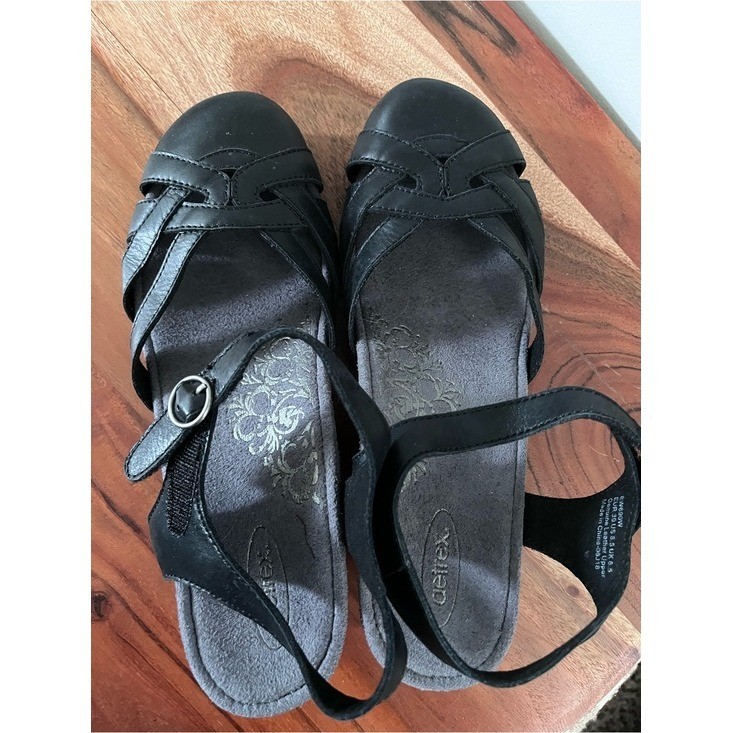 Aetrex Black Leather Wedge Sandals Strappy Comfort Buckle EW690W US 8.5