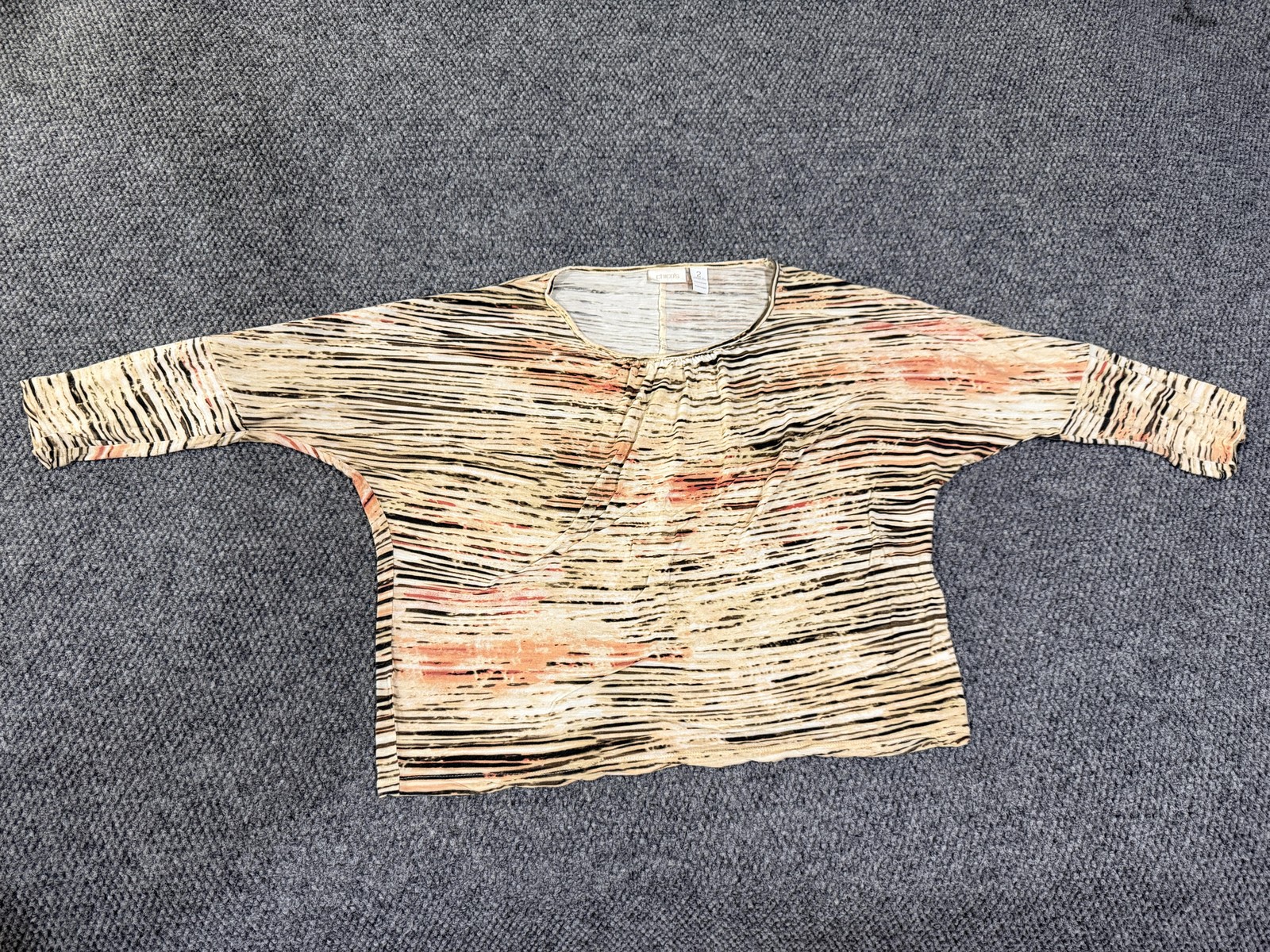 Chicos Blouse Womens 2 Beige Stripe Scoop Neck 3/4 Dolman Sleeve Jersey Top