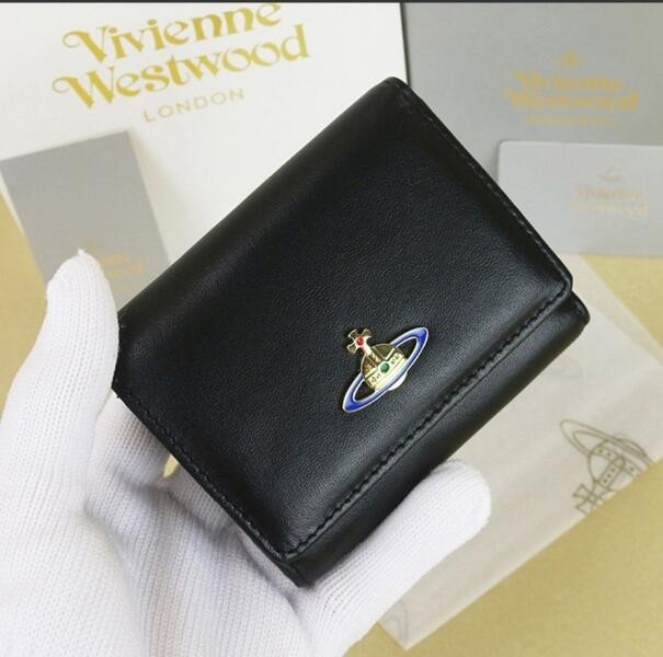 Vivienne Westwood Leather Tri Fold Wallet Kiss Lock Coin Purse Black Mini