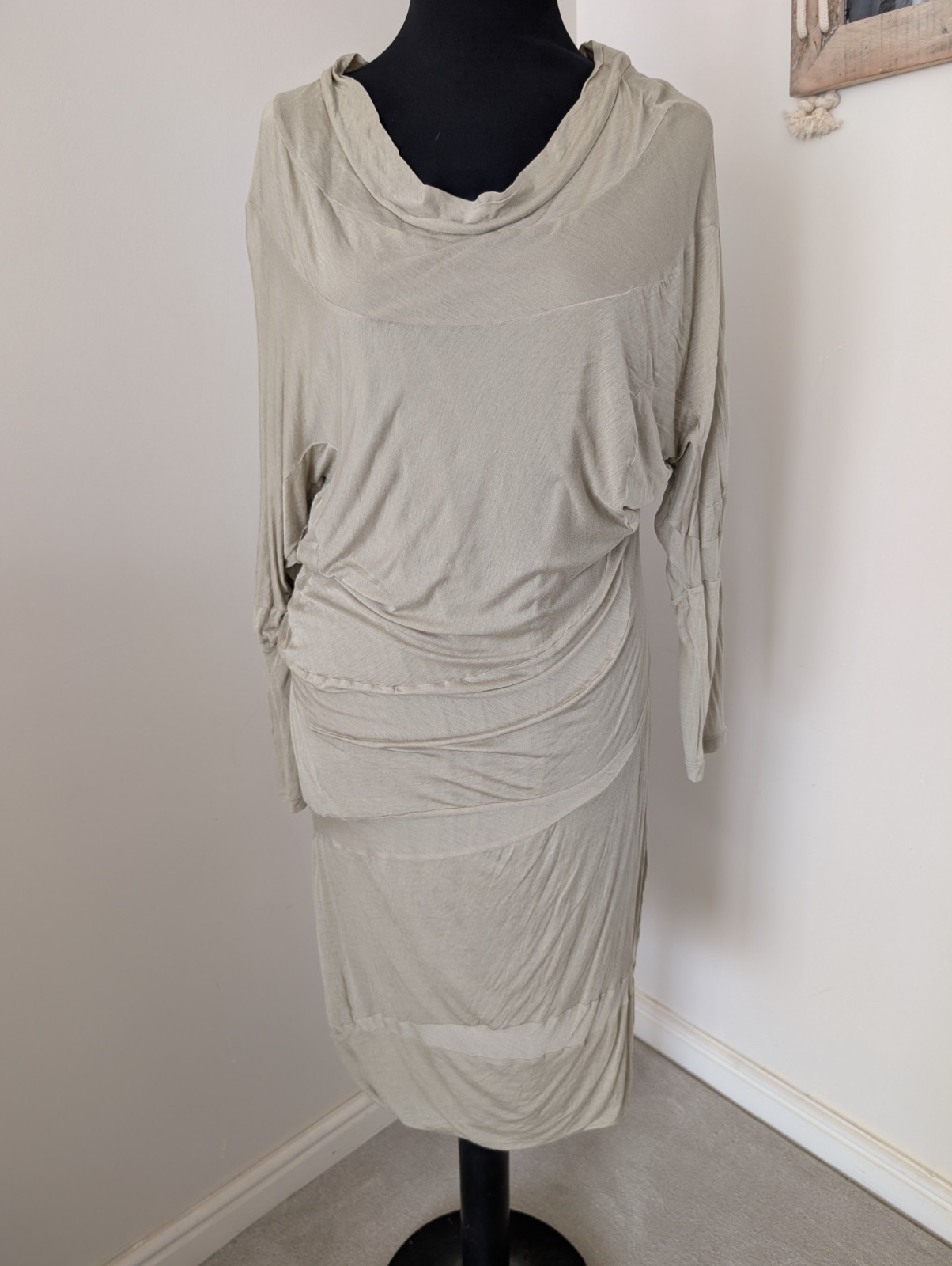 Calvin Klein beige long-sleeved midi dress draped cowl neck, ruched Size 10/12