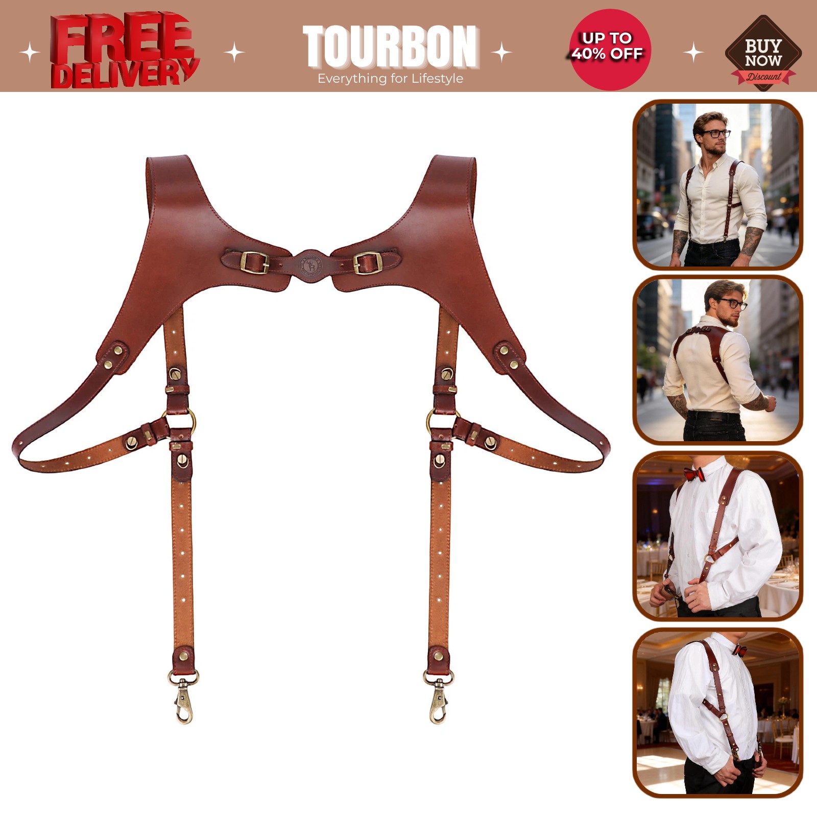 Tourbon Leather Men’s Suspenders Harness Punk Chest Vintage Hooks Pants Braces