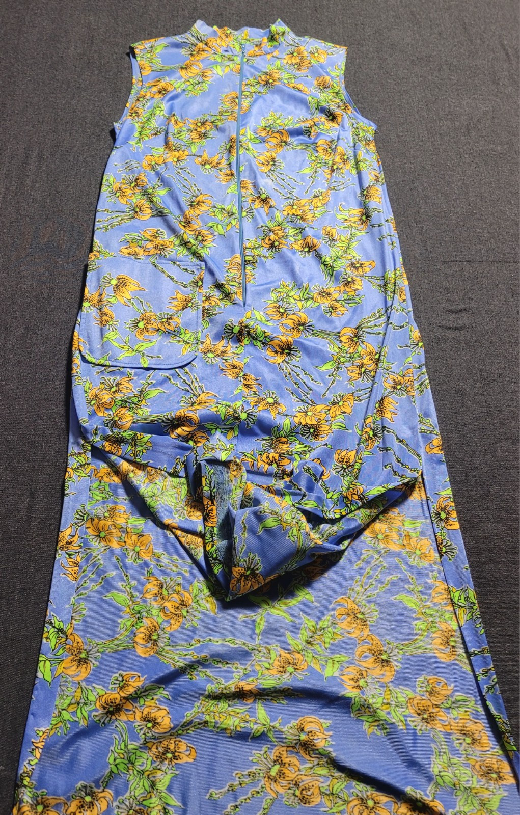 Vintage 60s 70s Blue Yellow Floral Maxi Leg Slits Sleeveless Size M Pocket Zip