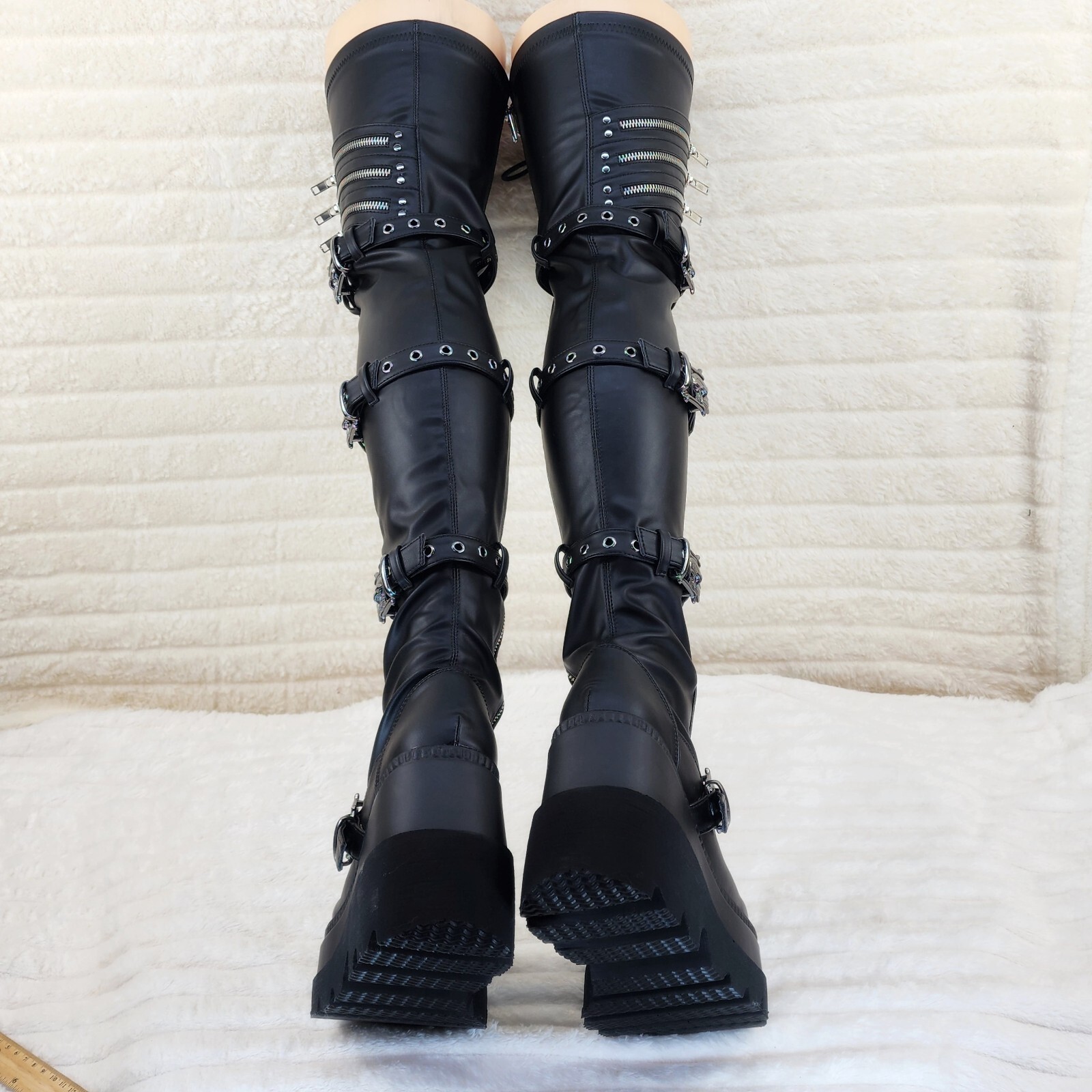 Shaker 420 Black sTRETCH 4.5″ Wedge Heel OTK Thigh Boots Skulls Zippers NY DEMON