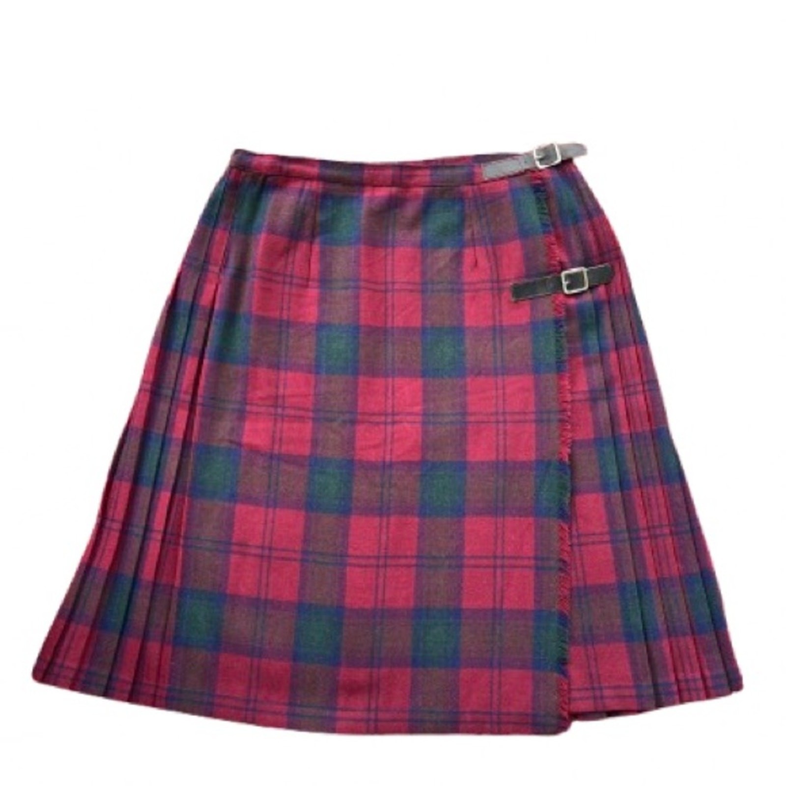 Vintage Pleated Plaid Skirt Mini Red Buckle Fringe Purple Scottish Tartan Large