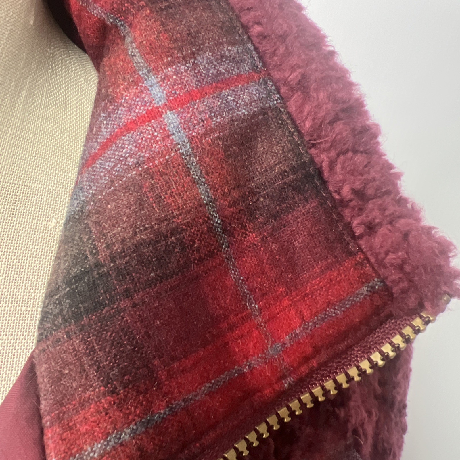 Pendleton Women’s Sherpa Fleece Jacket Small Burgundy Wool Plaid Full Zip Cozy