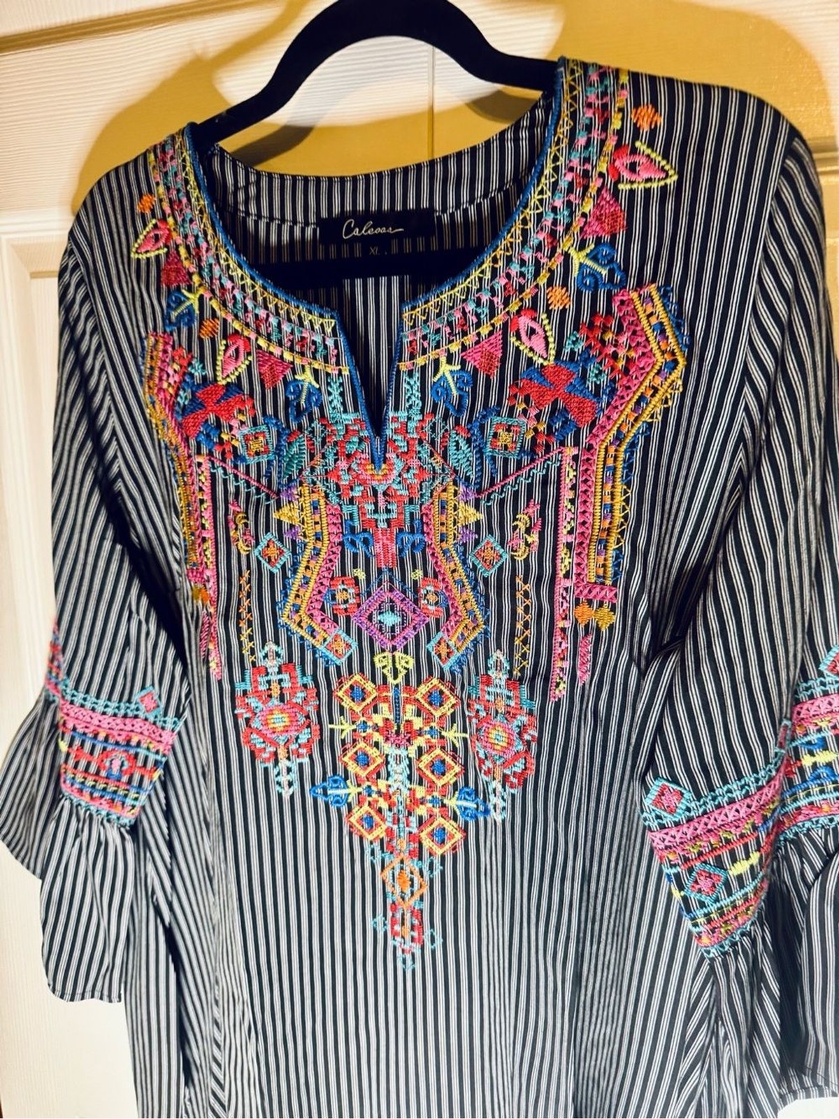 CALEOOS Navy Striped Embroidered Bell-Sleeve Tunic Top Retro Hippie Vibe XL