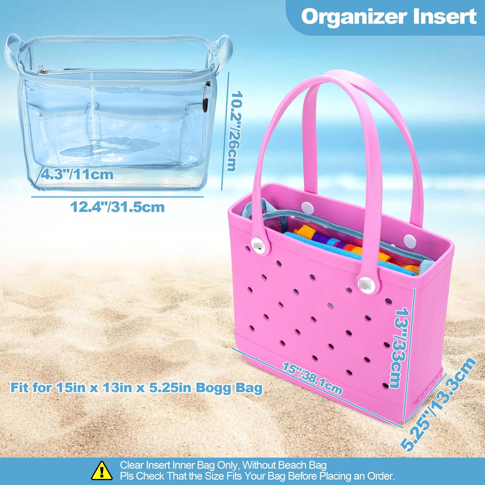 Beach Bag Organizer Insert (12.4in x 10.2in x 4.3in) Compatible with Bogg Bag…