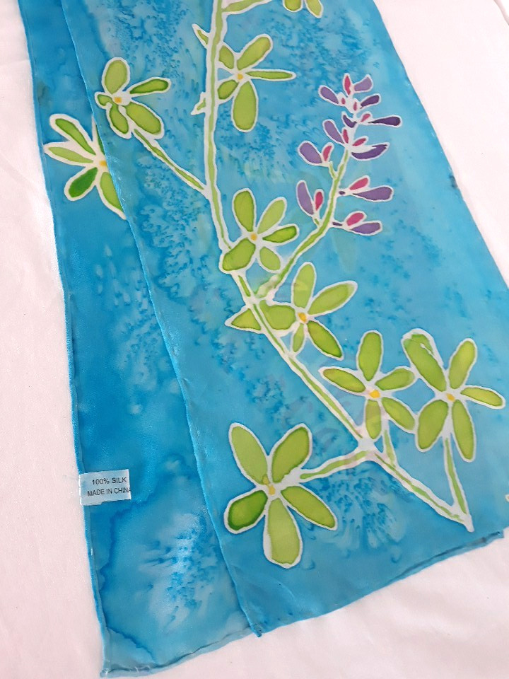 Hand Painted Batik Long Silk Scarf Turquoise Blue Floral 8×54 Rolled Hem