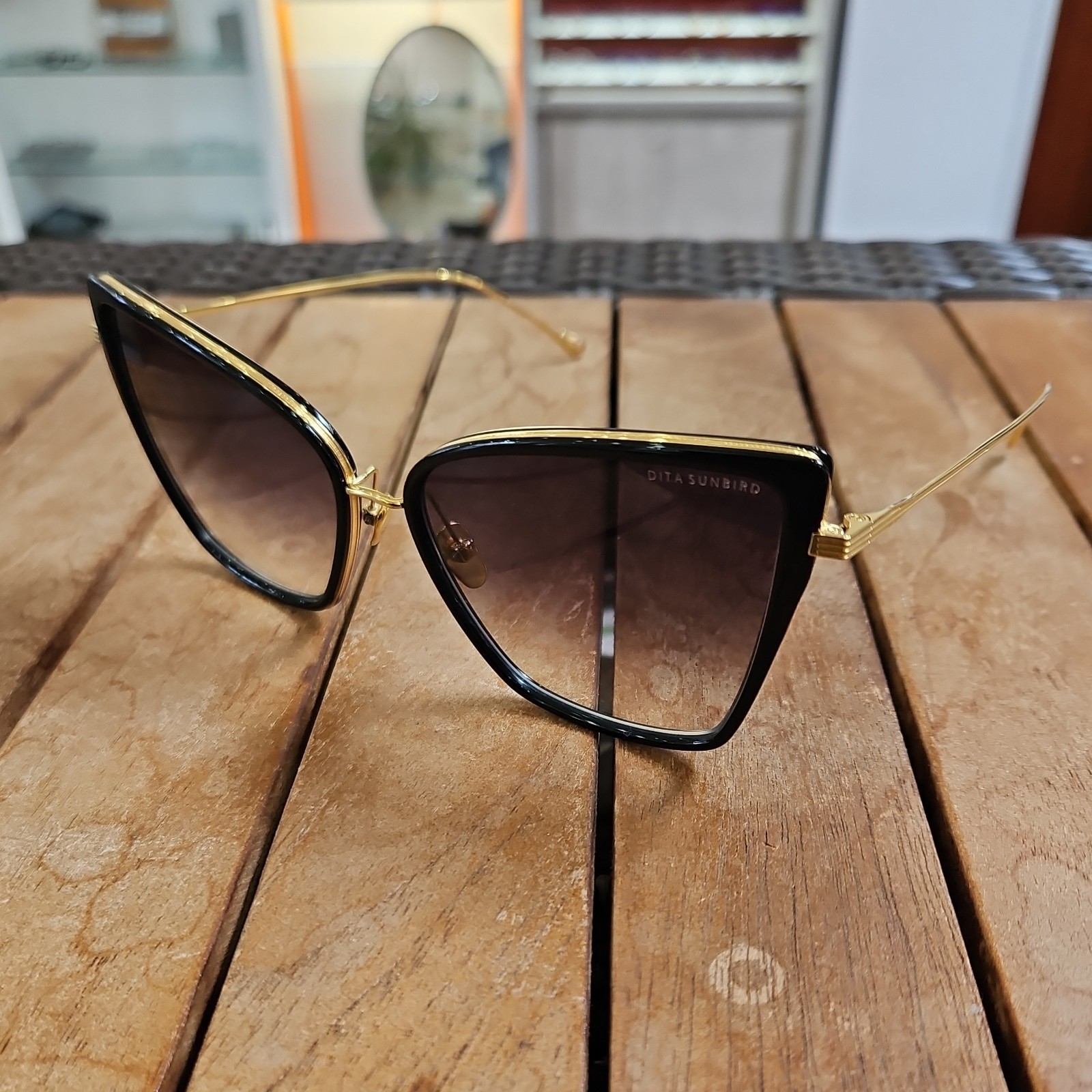 DITA SUNBIRD Women’s Cat Eye Sunglasses Black Metal Frame Brown Gradient Lenses