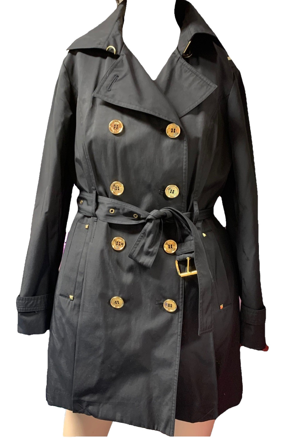 Trench Coat Michael Kors Black Double Breasted Golden Buttons Sz L Women’s