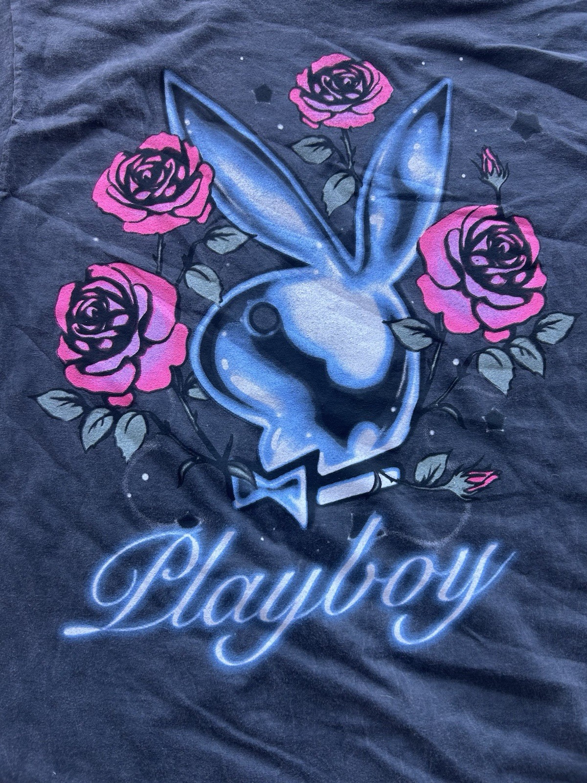Playboy Women’s Charcoal Grey T-shirt With Airbrush Logo With Pink Roses Size L
