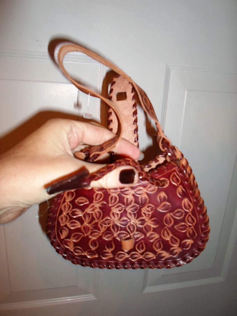Child’s Leather Tooled Handbag Purse – 6″ wide x 3-3/4″ tall Whip Stitch Boho