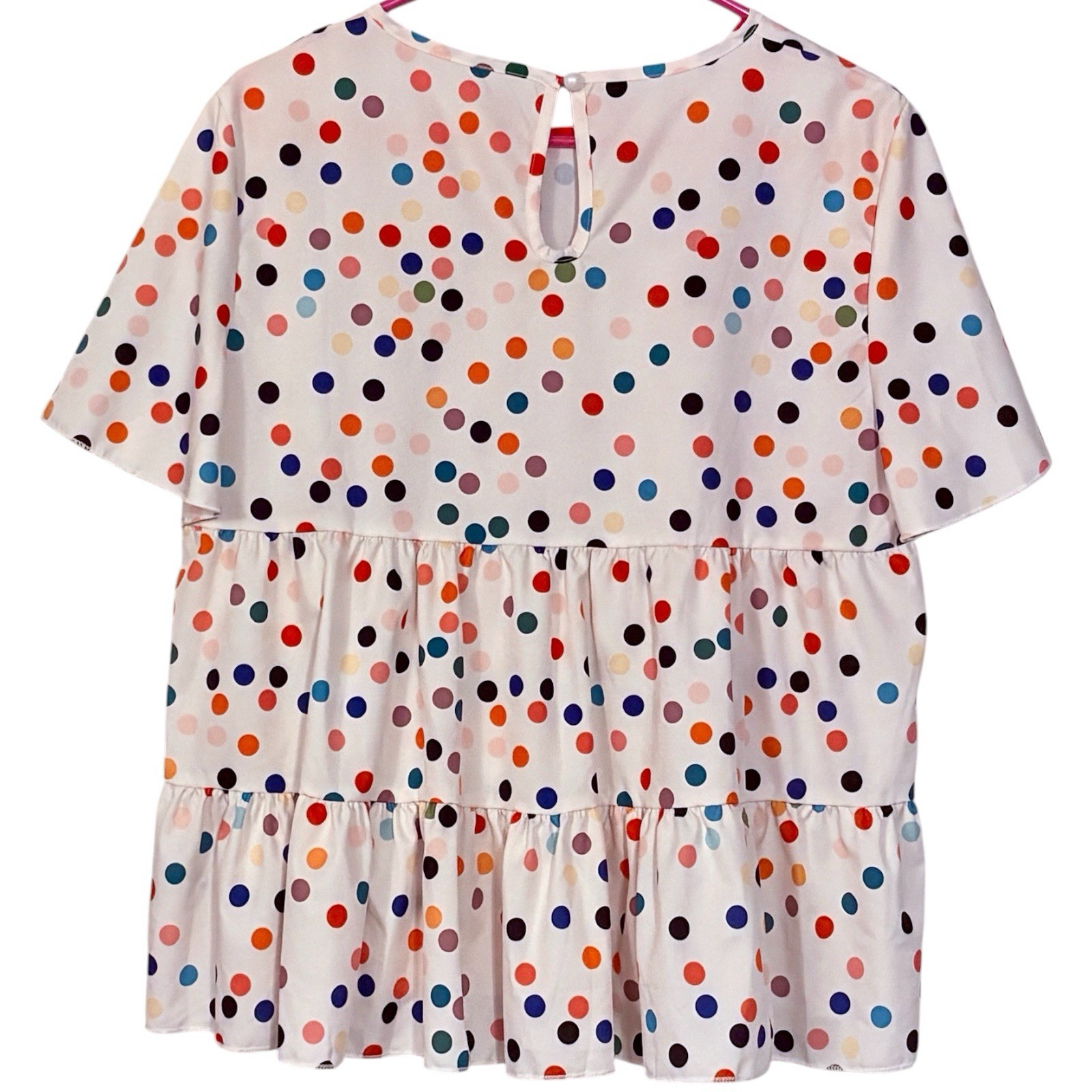 SheIn White Multicolor Polka Dot Round Neck Ruffle Flutter Sleeve Blouse L