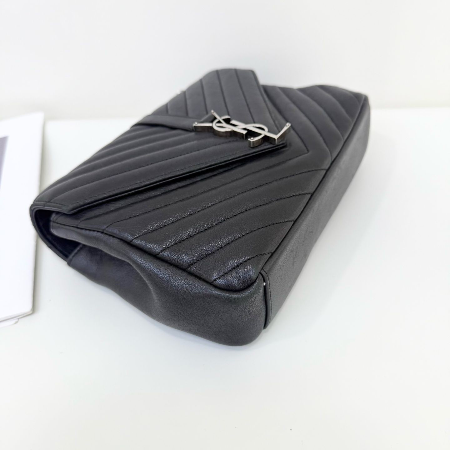 Saint Laurent College Medium Flap Bag Black Leather SHW Chain Crossbody Auth