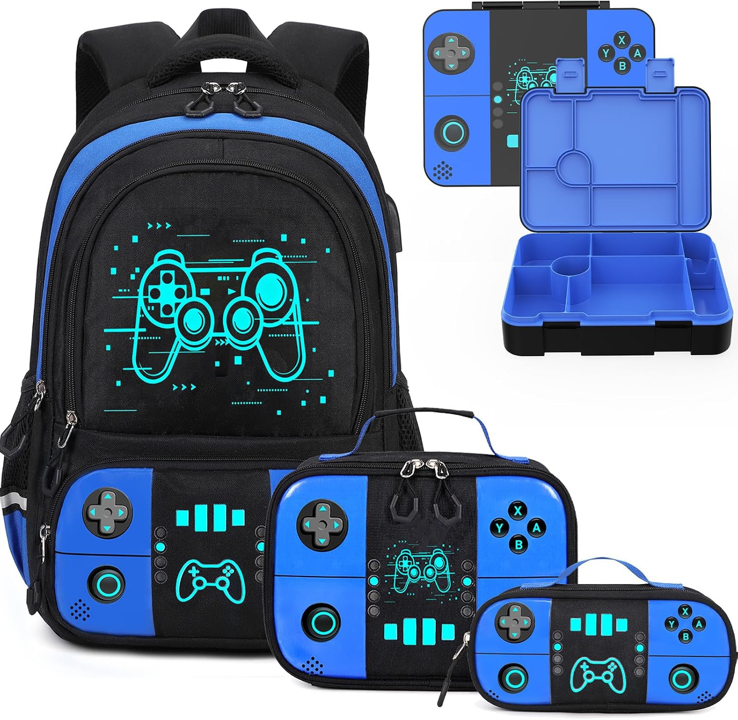 Backpack for Boys with Bento Lunch Box Set, Cool Luminous Gamer Boys Backpack Bo