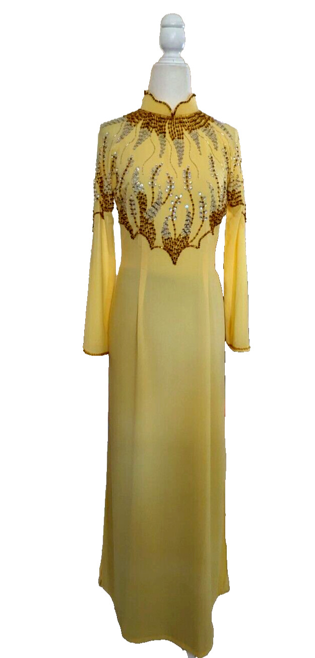 Ao Dai Lụa Chiffon Vàng XL Đính Kết Đá Pha Lê , Ngực 94 cm, Eo 82 cm (Áo only)