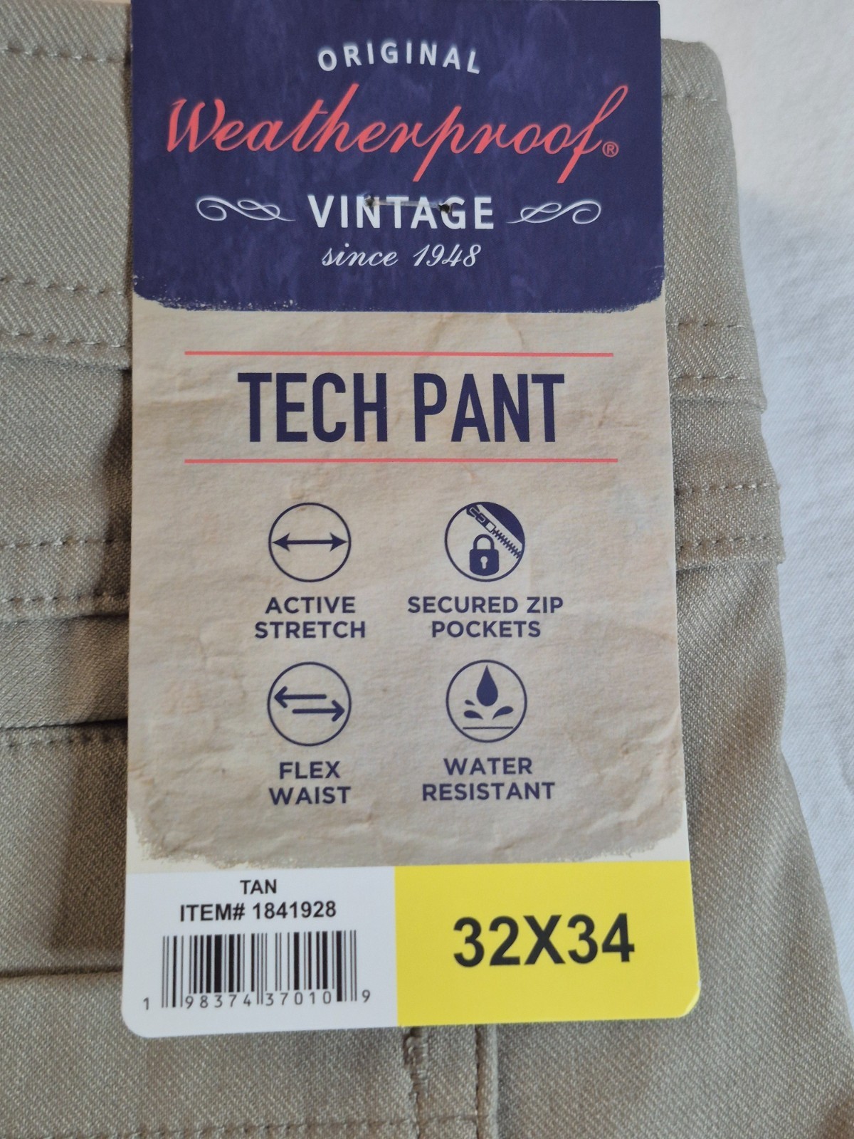 Weatherproof Vintage Men’s Tech Pant Straight Water Resistant TAN 32×34, NEW