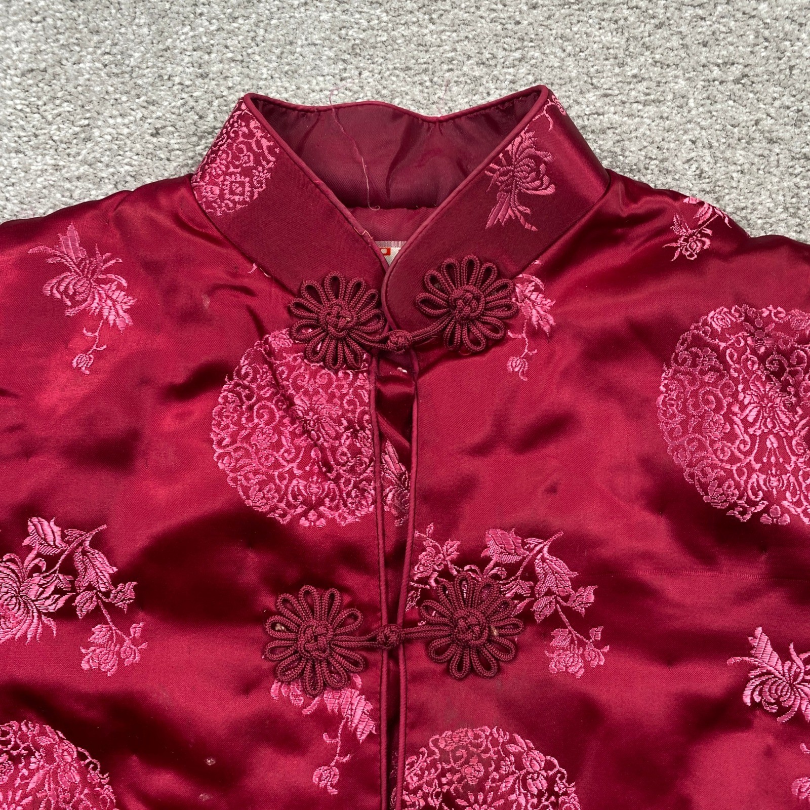 Chong Shin Brocade Jacket Red Silk Blend Mandarin Collar Dragon Floral Pattern