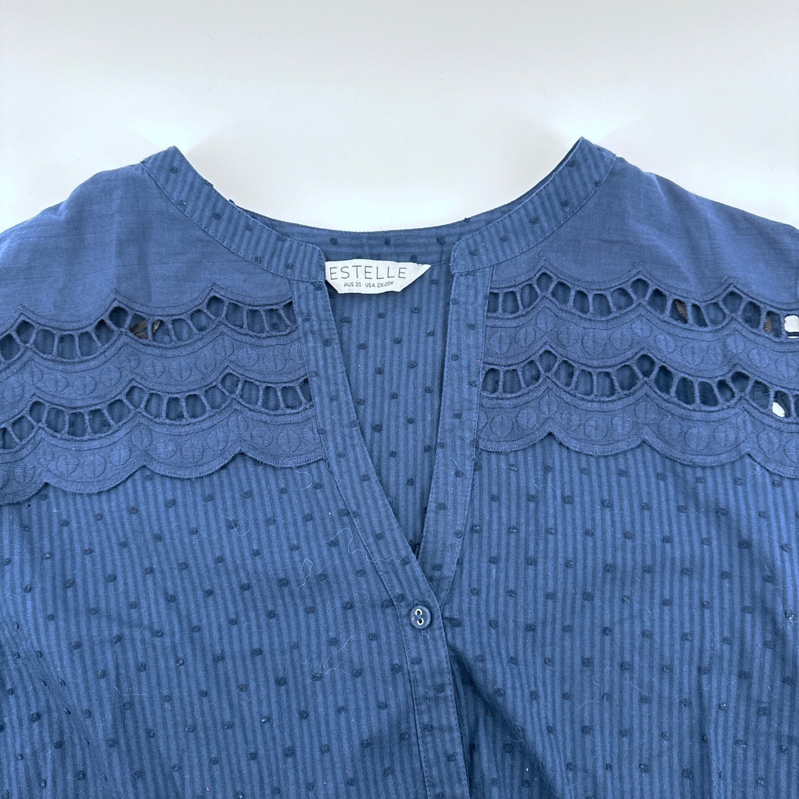 Estelle Navy Blue 2X/20W Eyelet Flutter Sleeve Button Down Blouse Top Swiss Dot