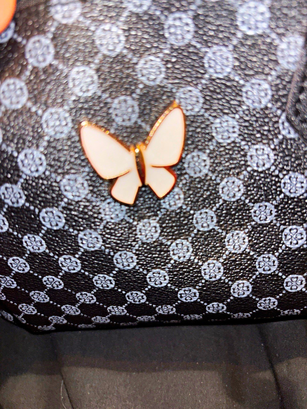 Women’s Black Small Satchel Top Handle Zip w/ Detachable Strap, Butterfly