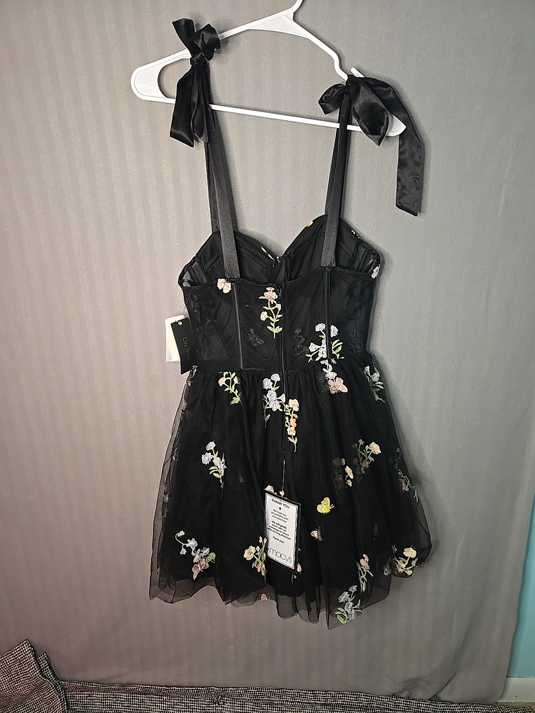 Party Neutral Black Pink Floral Embroidered Fit & Flare Mini Dress Size 3/4