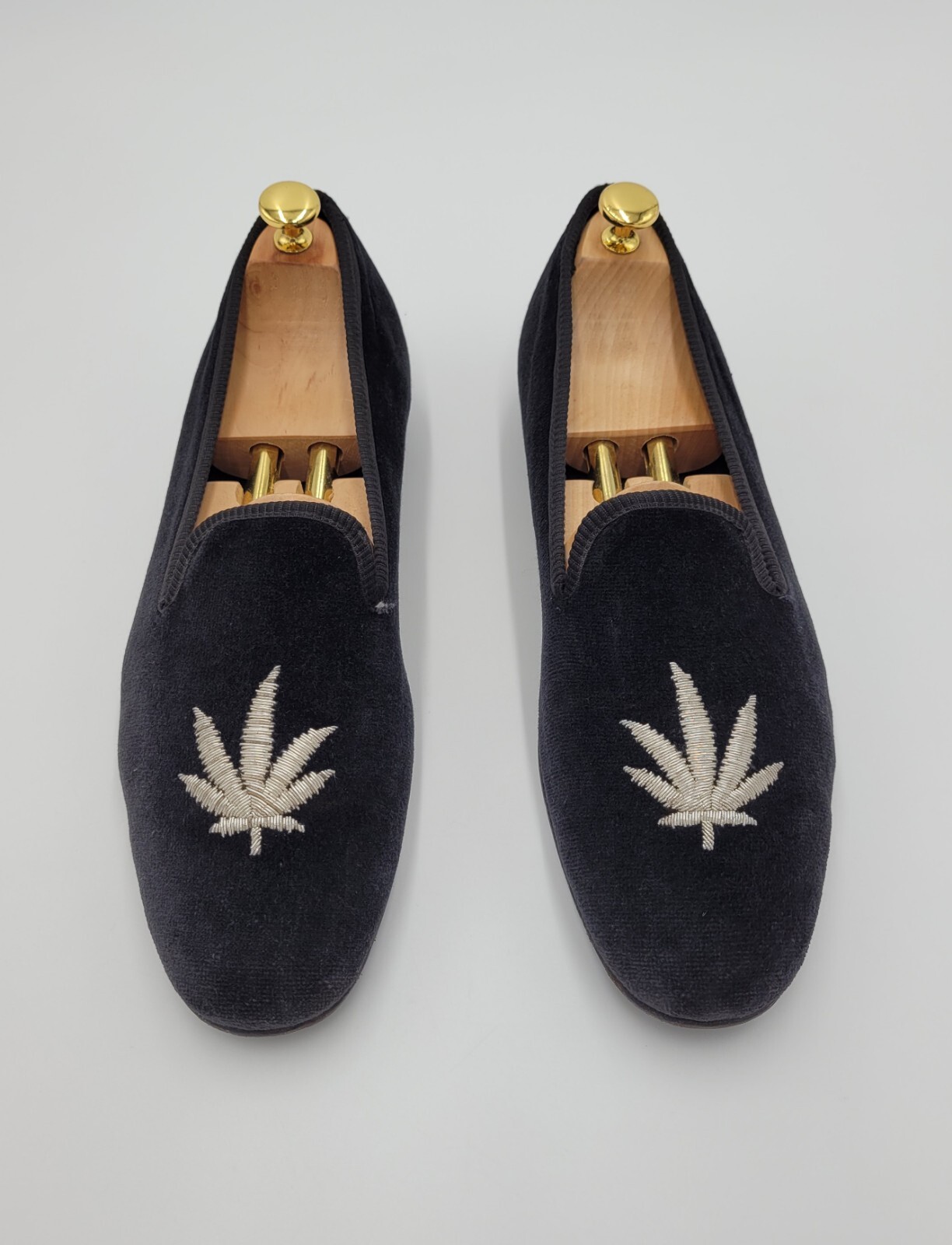 Daniel Cremieux Black Velvet Loafers w/ Hemp Leaf Hand Made in England Size 11