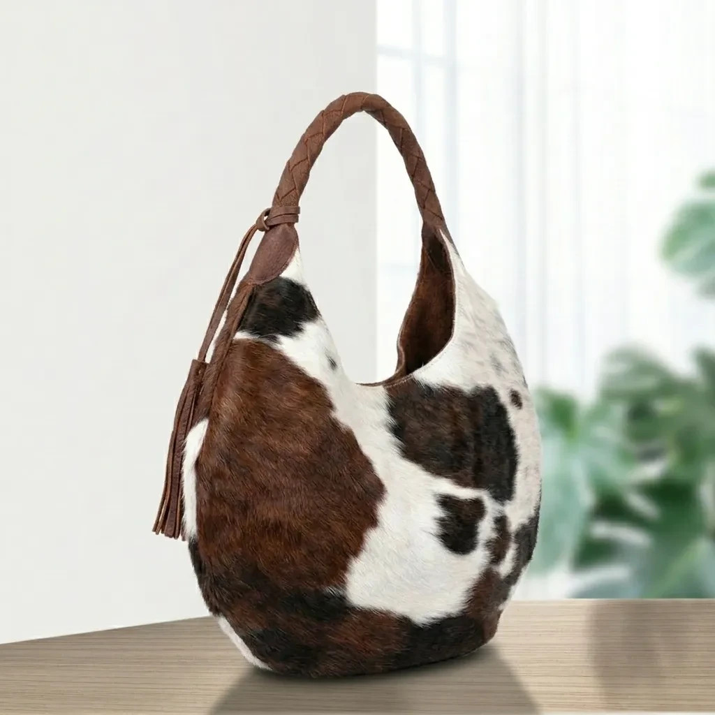 Cowhide Leather Hobo Bag Brown White Cow Print Western Fringe Shoulder Purse