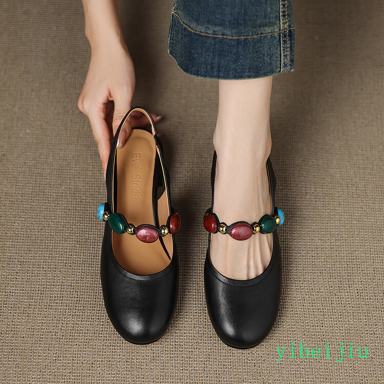 Women’s Low Heel Slingback Real Leather Sandals Stone Comfort Casual Shoes Boho