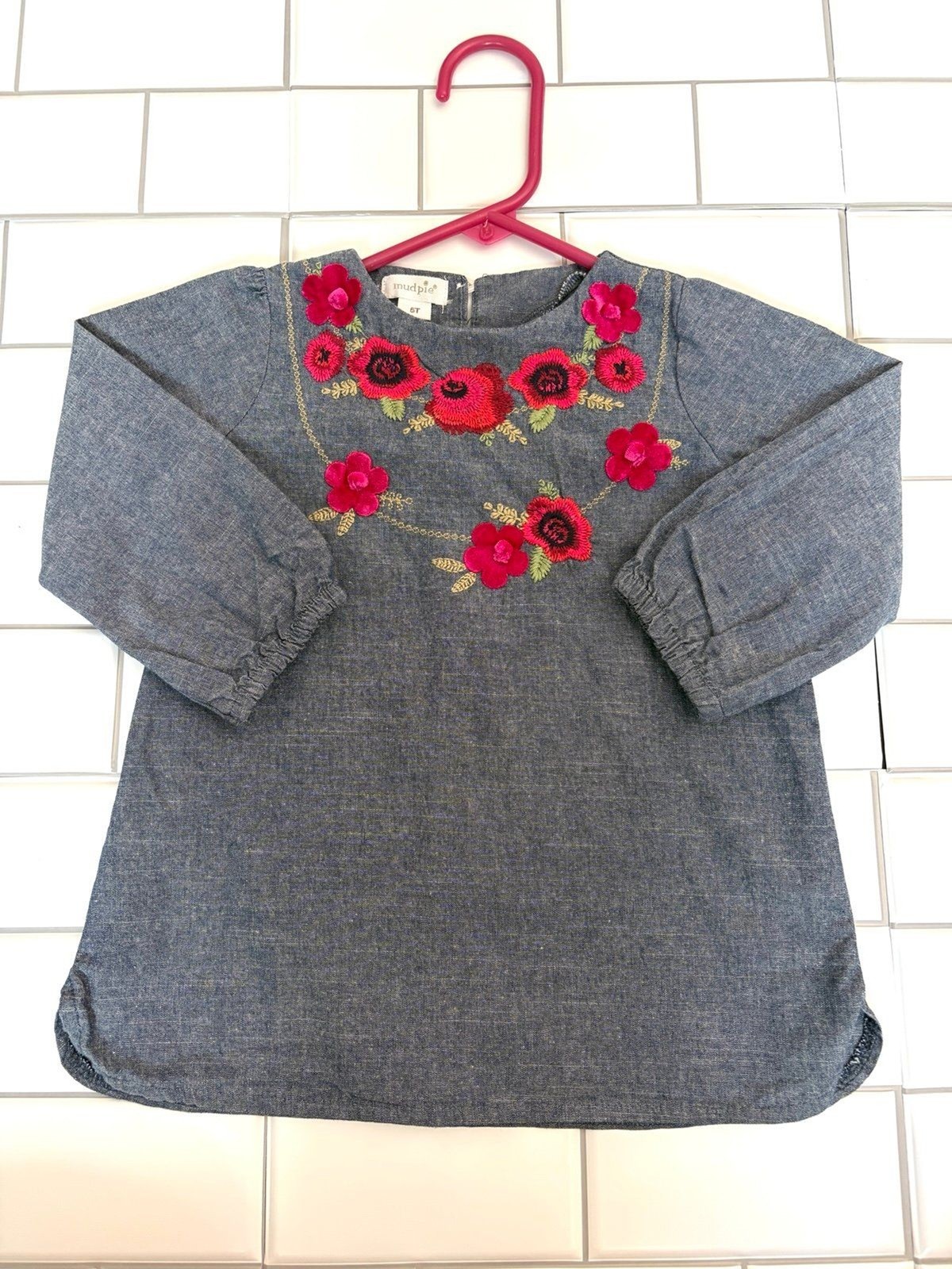 Mud Pie Girls Floral Embroidered Chambray Dress 5T Blue Cotton Long Sleeve Tunic
